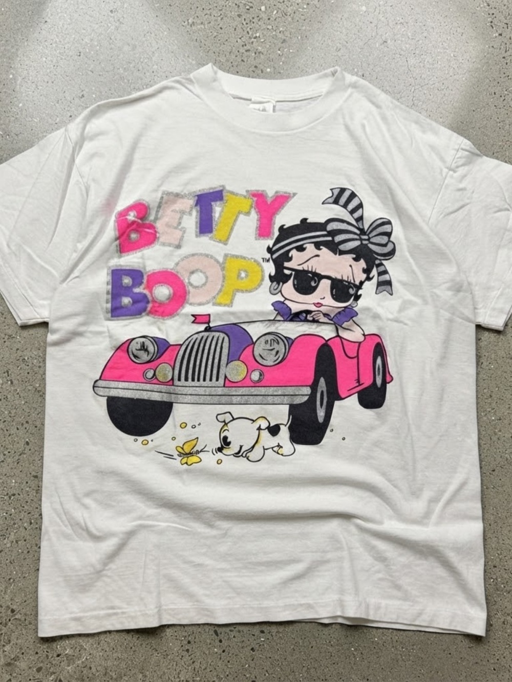 Gildan White Tee with Pink Car Betty Boop Graphic